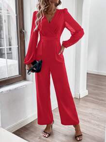 SHEIN LUNE Solid Color Sheer Mesh Contrast Lantern Sleeve Jumpsuit - Red - View 1