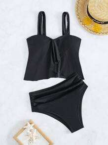 SHEIN Swim Summer Solid Color Separated Tankini Set Carnival - Black - View 3