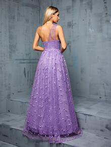 Women's One Shoulder Mesh Ruffle Embroidered Floral A-Line Bridesmaid Maxi Dress - Lilac Purple - View 2