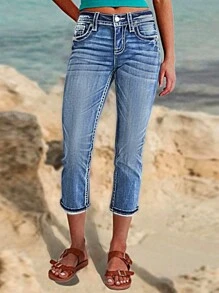 Color-blocking & Contrast Stitching Vintage Washed Denim Cropped Pants With Slender Legs - Blue - View 1