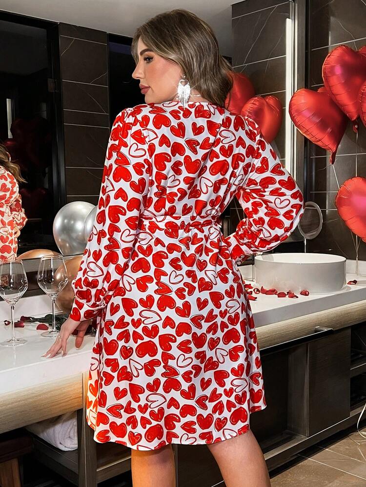 Valentine's Day Heart Print Wrap Plus Size Dress