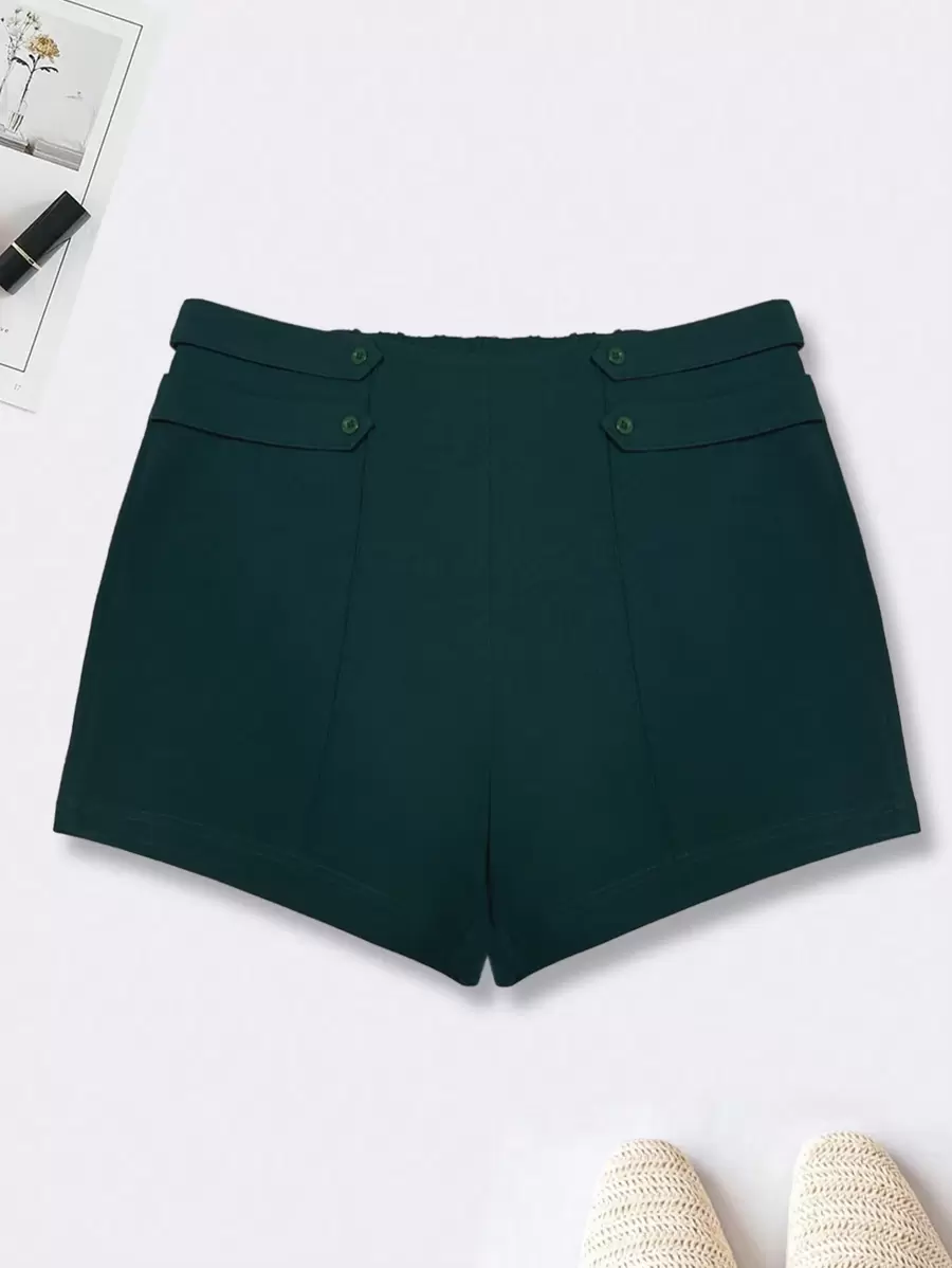 SHEIN Unity Trang trí nút Màu thuần Quần short - Màu xanh lá cây đậm - Xem 1