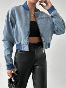RueChic Women's Baseball Collar Cropped Denim Jacket - Medium Wash - View 6