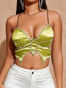 性感蝴蝶鑽石鏤空繫帶可調式吊帶上衣 - 青檸色 - 查看 4
