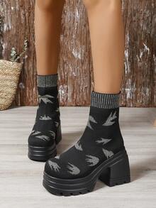 女士時尚舒適方頭黑色刺繡中筒靴，配有透氣粗跟 - 黑色 - 查看 3