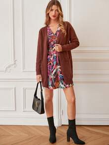 SHEIN Frenchy 女款插肩長袖雙口袋開襟衫 - 棕色 - 查看 7