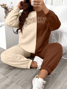 Flirla Plus Size Color Block Letter Pattern Round Neck Long Sleeve Casual Two Piece Set - Multicolor - View 5