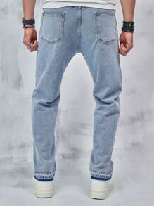 男士雙色直筒牛仔褲 - 藍色 - 查看 2