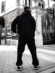 男士字母图案袋鼠口袋落肩连帽衫，秋季长袖上衣 - 黑色 - 查看 3