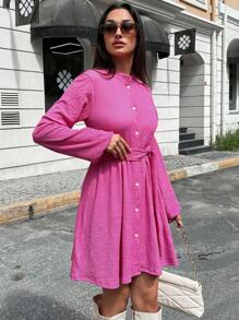 SHEIN PETITE فستان قميص بأكمام فانوس وأزرار أمامية وحزام، للنساء الصغيرات - روز أحمر - مشاهدة 5