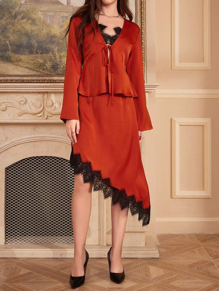 Women's Elegant Lace Patchwork Top And Skirt Set Fall Cloth For Women