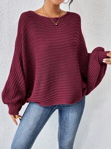 SHEIN Essnce 純色蝙蝠袖毛衣 - 酒紅色 - 查看 5