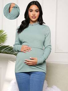 SHEIN Maternity Lace Trim Nursing T-shirt - Green - View 6