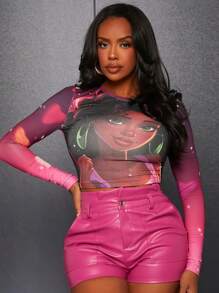 Slaydiva 女性印花修身短袖t恤,帶人物圖案 - 彩色 - 查看 5