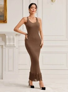 Modelyn ثوب كنزة صوفية و كنزة صوفية جاكيت كم فوانيس مجموعة قطعتين - كاكي - مشاهدة 3