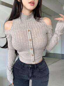 Dazy Designer Camiseta de manga larga acanalada con hombros descubiertos para mujer, top corto con hombros descubiertos - Gris - Ver 5