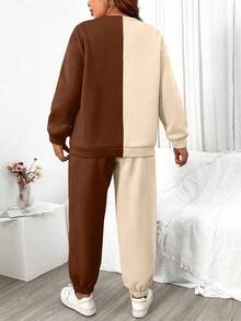 Flirla Plus Size Color Block Letter Pattern Round Neck Long Sleeve Casual Two Piece Set - Multicolor - View 2