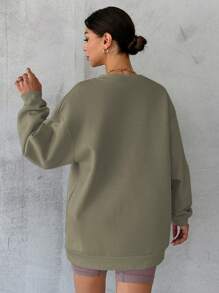 EURMUSE V-neck Dropped Shoulder Sleeves Thermal Lined Sweatshirt - Army Green - View 2