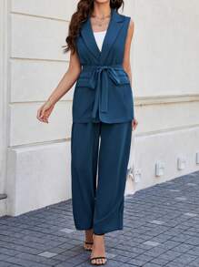 SHEIN Clasi Của phụ nữ Cổ áo tây Buộc Thắt lưng Không tay Bộ đồ Và Bộ đồ Với túi - Màu xanh ngọc - Xem 3