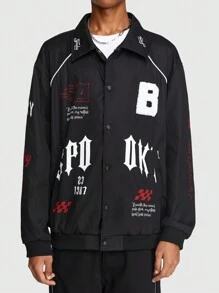 ROMWE MEN Prep 男士字母印花翻領外套 - 黑色 - 查看 2
