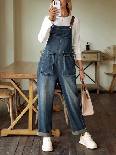 EMERY ROSE Big Pocket Washed Denim Suspender Jumpsuit