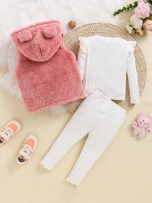 SHEIN 3pcs Em bé Cô gái Bộ Bao gồm Chi tiết Ruffle Tay áo dài Áo , 	
Fuzzy áo có mũ Áo vest Và Quần - Hồng - Xem 2