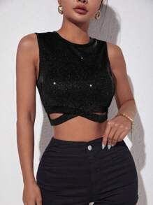 SHEIN Privé Lung linh Quần skinny Áo ba lỗ Với Thánh giá Hem - màu đen - Xem 5