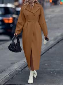 SHEIN Privé 女士雙排釦放肩旗袍長袖羊毛外套 - 棕色 - 查看 1