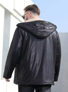 Manfinity Homme 男士加大码连帽羊毛夹克，户外风衣 - 黑色 - 查看 2