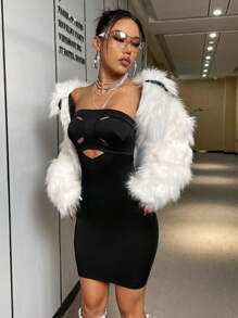 SHEIN Unity 1 件純色鏤空細節抹胸連身裙 - 黑色 - 查看 3