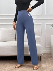 SHEIN Tall Ladies' Solid Colored Straight-Legged Pants With Patch Details - Dusty Blue - View 1