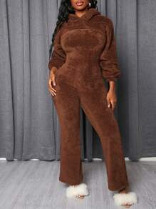 Slaydiva 2 cái/bộ Giải trí Màu thuần Lông Tai 3D Hoodie Và Quần - màu nâu - Xem 3