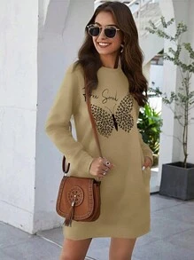 SHEIN LUNE Letter & Butterfly Print Sweatshirt Dress - Khaki - View 1