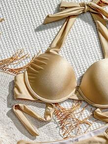 女士纯色褶皱分体吊带比基尼套装夏季海滩 - 卡其色 - 查看 5