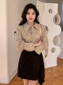 DAZY 花卉印花灯笼袖衬衫，长袖上衣，秋季女装