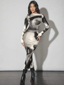 SHEIN BAE 复古肖像印花网眼长袖紧身连衣裙