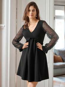 SHEIN Frenchy Women'S Mesh Splice Frill Trim Dress - Black - View 3