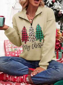 SHEIN Essnce 女式卡其色聖誕樹圖案長袖運動衫 - 卡其色 - 查看 5