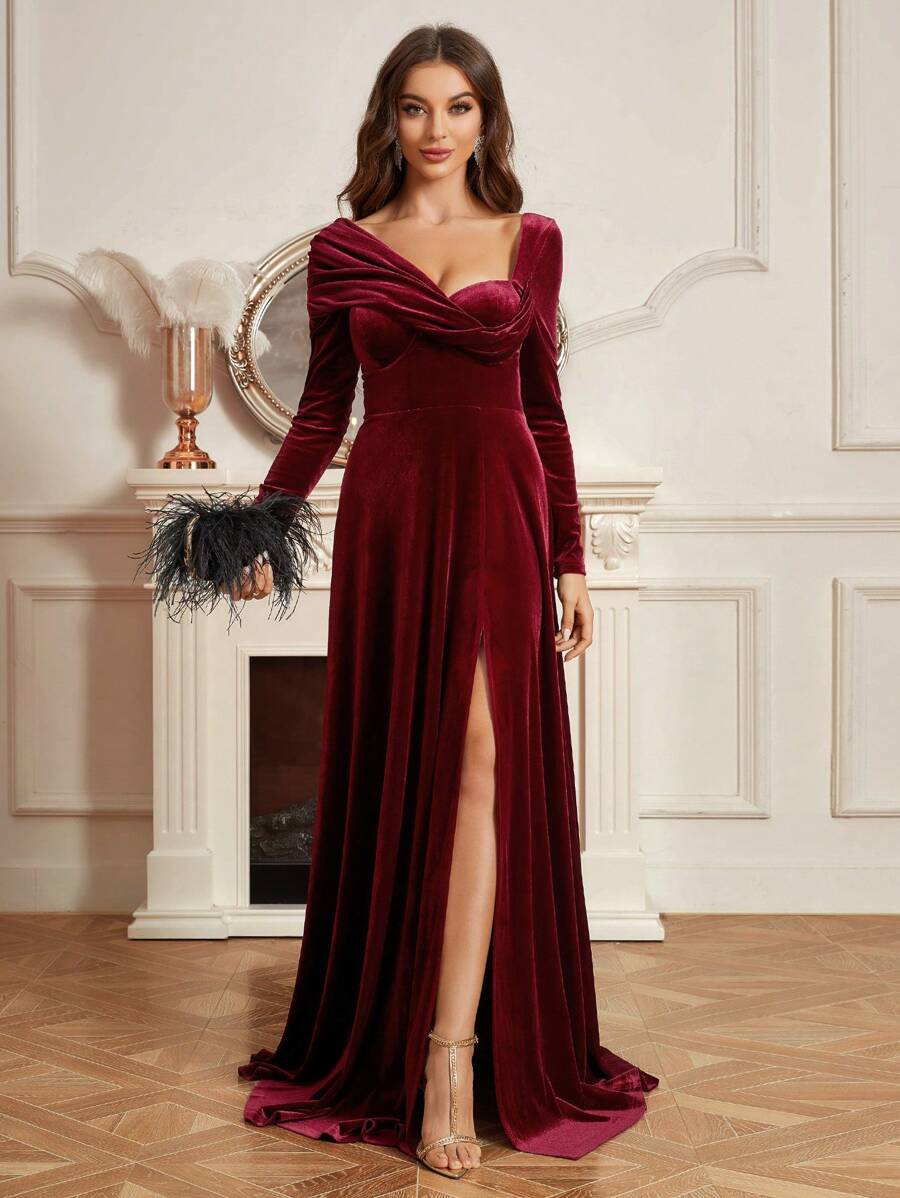 Asymmetrical Gathered Design High Slit A-Line Elegant Party Dress