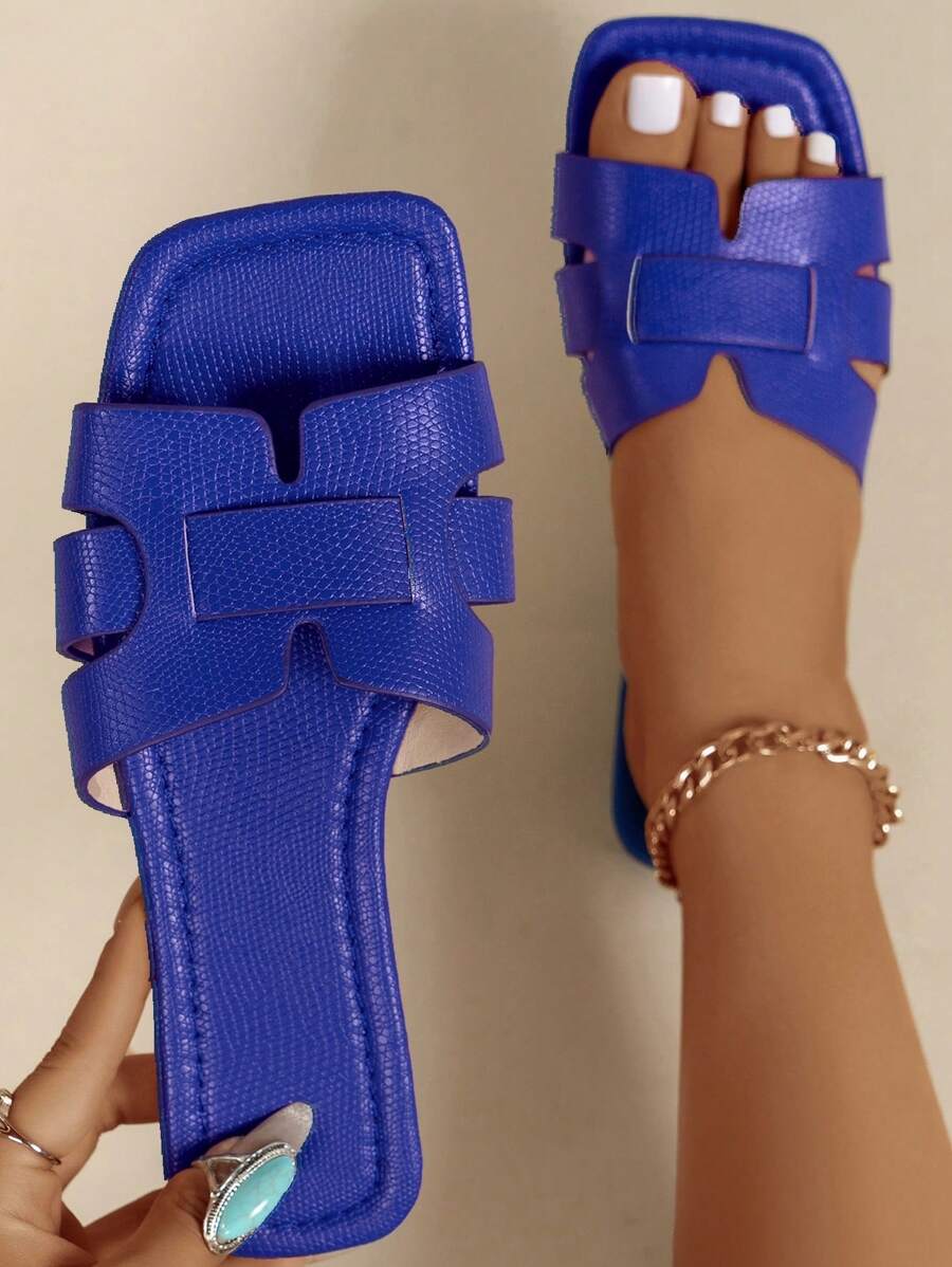 韩版休闲平底拖鞋女鞋露趾夏季一脚蹬凉鞋春秋新款编织罗马风酷女士夏季时尚平底沙滩鞋适合公寓、海滩、白色、黑色、橙色、黄色、紫色、灰色、金色、银色、蓝色、绿色、粉色、棕色、法式豹纹印花办公鞋、度假凉鞋、波西米亚风人字拖、海军蓝步行鞋、水钻鞋女士网眼镂空拖鞋舒适海滩厚底平底鞋配闪亮绑带、穆勒鞋、一脚蹬拖鞋 - 藍色 - 查看 1