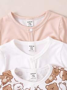 SHEIN 3入組嬰兒男孩熊圖案睡衣連身衣