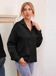 BizChic 落肩袖緞面襯衫工作服 - 黑色 - 查看 6