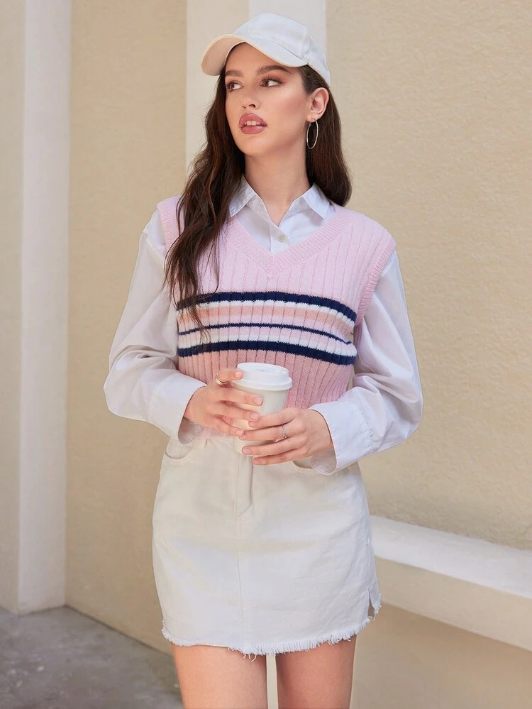 1pc V-Neck Striped Sweater Vest
