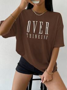 Flirla Drop Shoulder Letter Embroidery Top Graphic Tees Women Tops - Coffee Brown - View 6