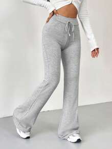 SHEIN EZwear 复古风灰色系带腰部喇叭裤运动裤 - 淺灰色 - 查看 6