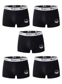 Men's Cartoon And Text Printed Boxer Briefs Breathable (5-piece Set) - Black - View 4