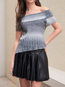 露肩領口不對稱下擺漸層針織上衣 - 灰色 - 查看 6