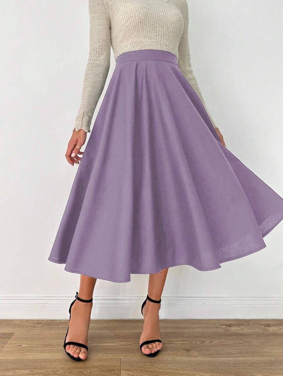 EURMUSE High Waisted Flared Skirt - Purple - View 1