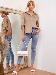 BizChic Drop Shoulder Satin Shirt Workwear - Khaki - View 4