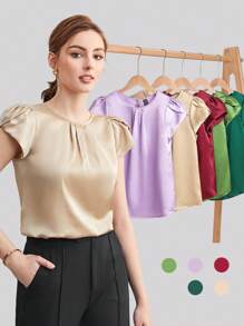 BizChic 女士纯色圆领泡泡袖缎面短袖褶皱衬衫，优雅办公室衬衫，商务休闲上衣，正式女士衬衫